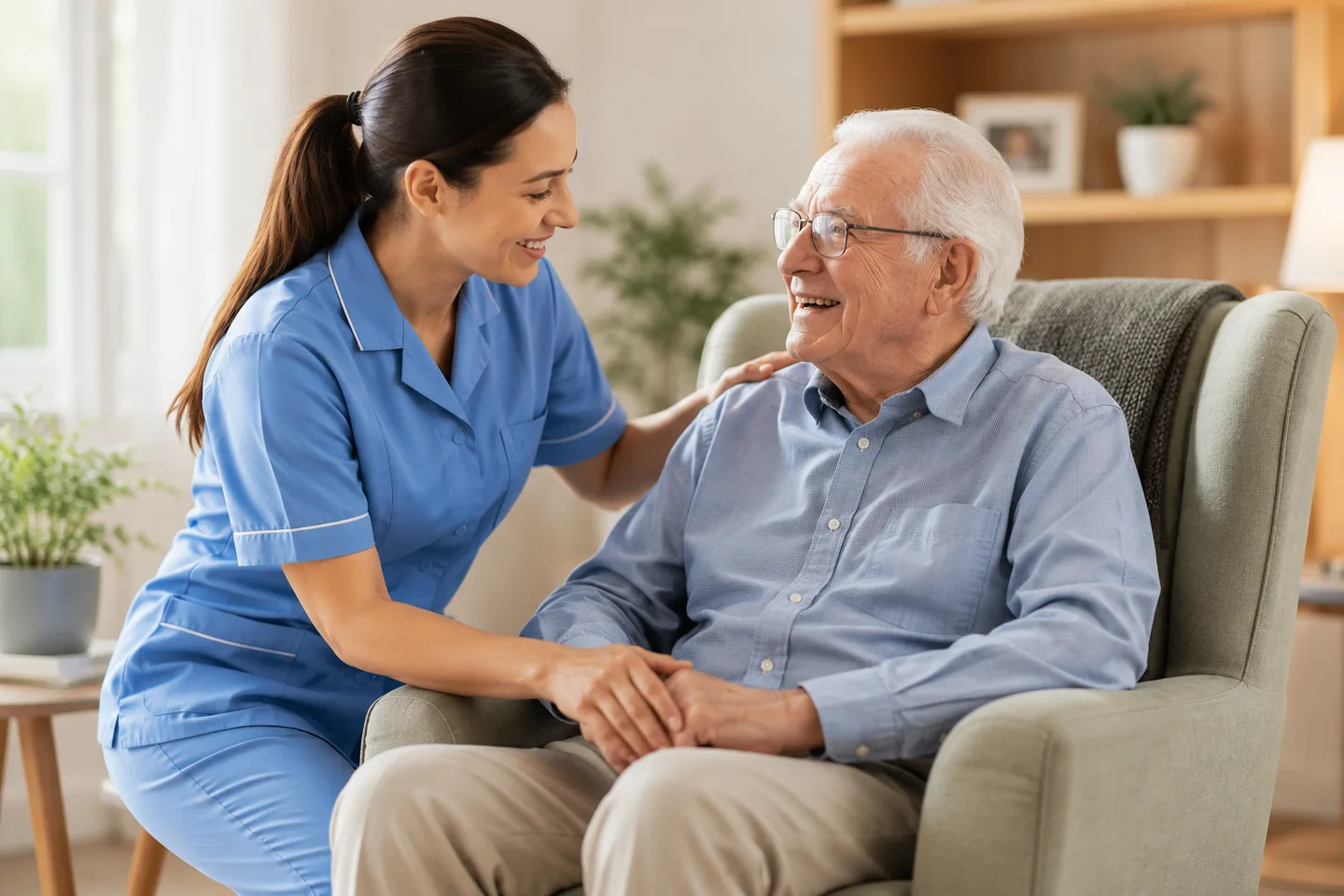 Care worker laughing with an elderly gentleman