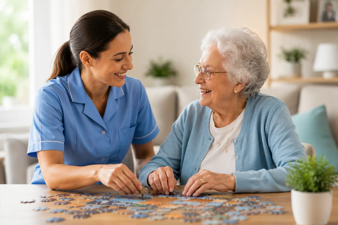 Care worker and elderly lady enjoying time together