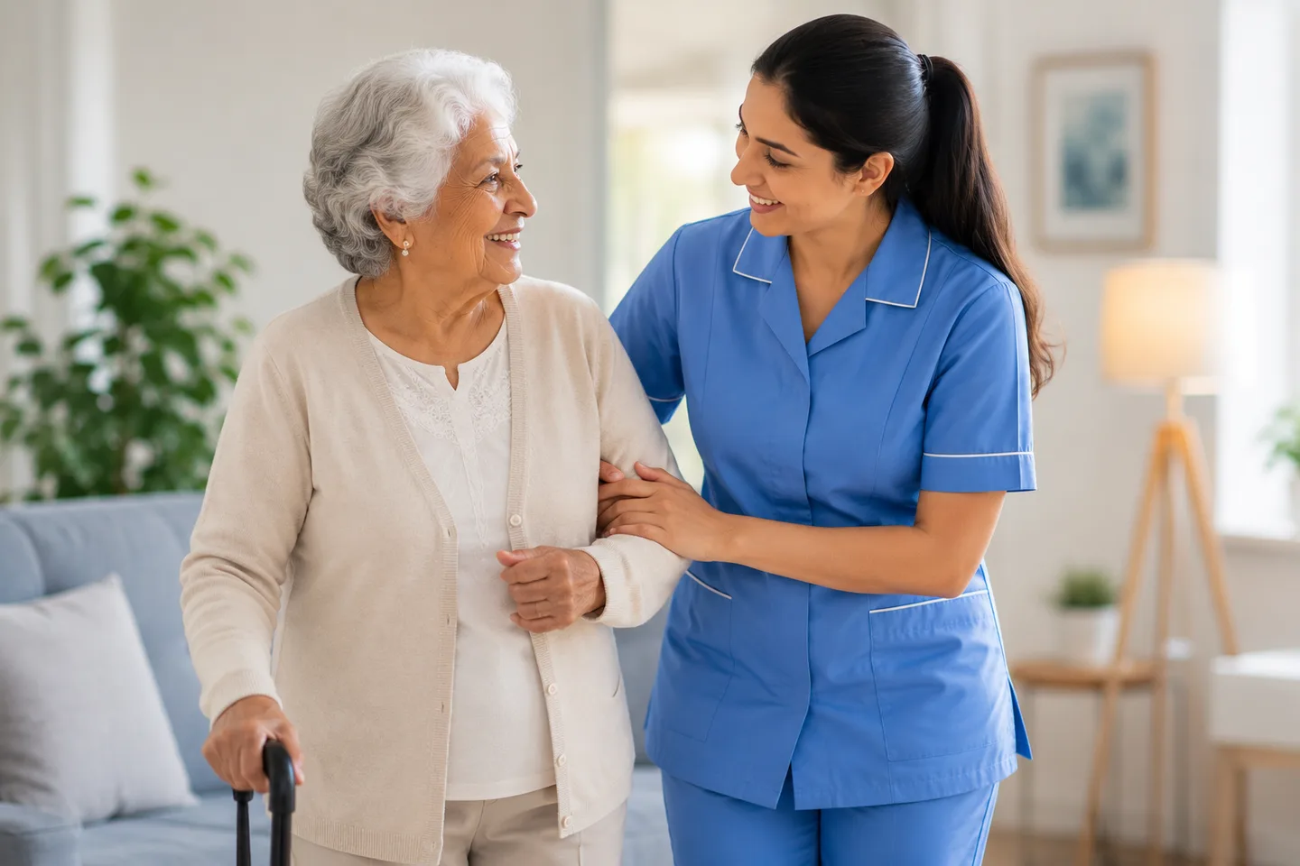 Care worker helping an elderly lady walk